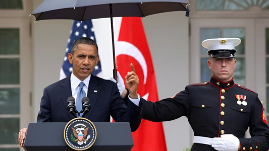 Obama Orders Marines to Hold Umbrellas For Him While It's Pouring!
