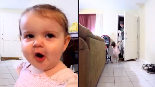 Toddler is excited about dad coming home, then he opens the door