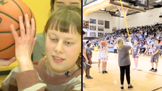 17-yr-old blind basketball player steps up to basket and gym goes silent